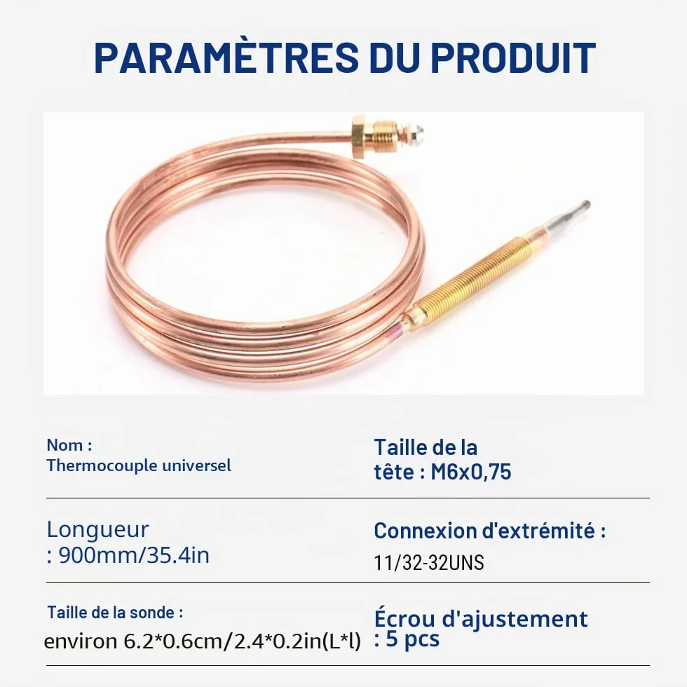 Kit Thermocouple à Gaz Universel 90cm M6x0.75 Métal Filetage pour Chauffage