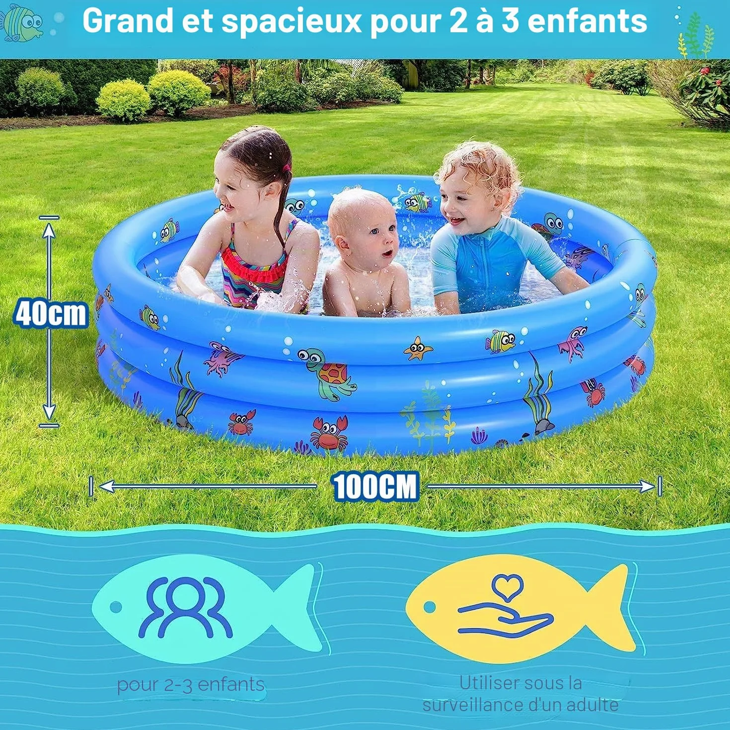 Piscine Gonflable pour Enfants 100x40cm PVC Antidérapant 3 Anneaux Bleu