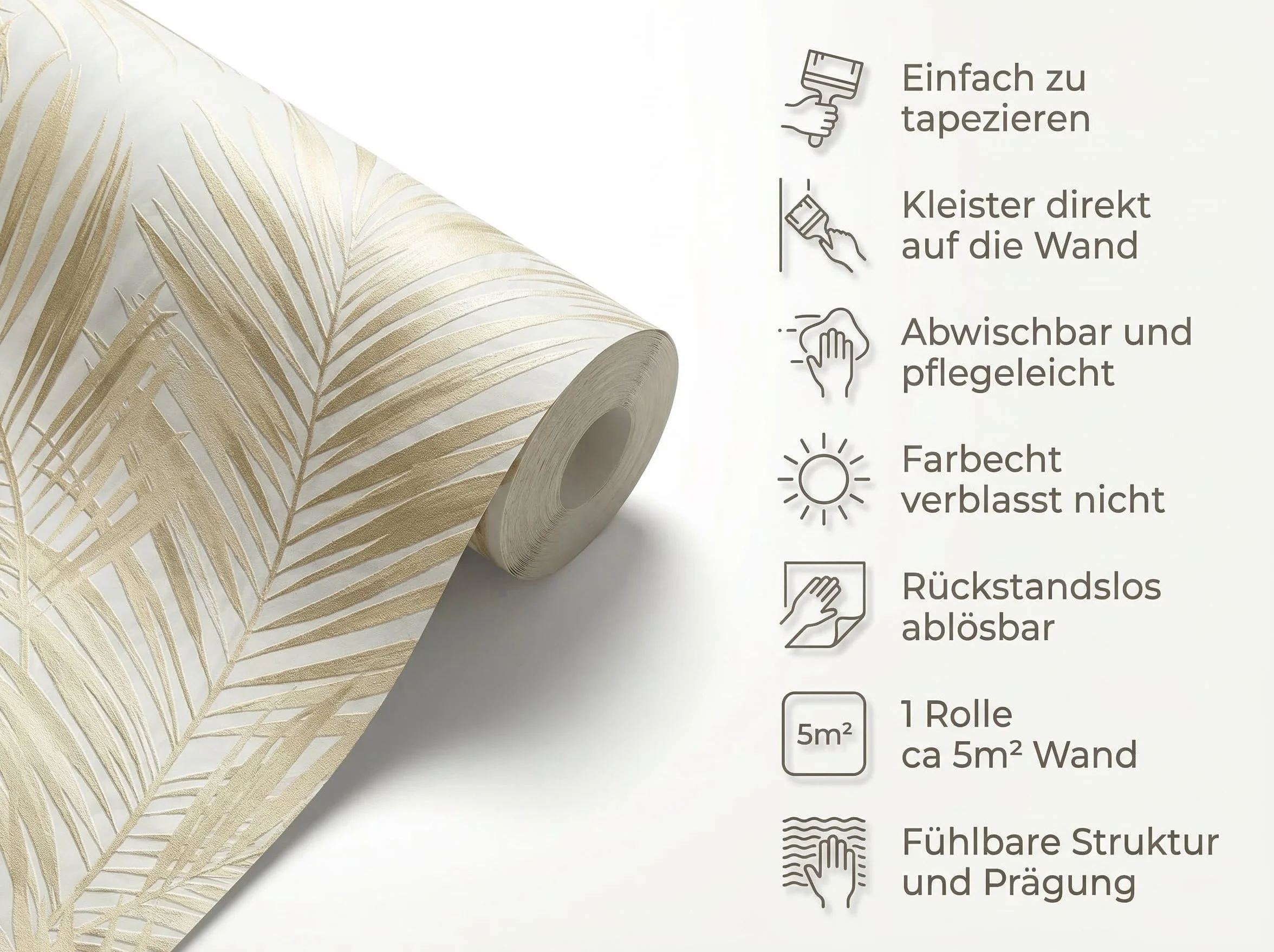 Newroom Papier Peint Beige Intissé avec motif feuilles pour Salon et Chambre - Vinyle Texturé 10,05x0,53m Made in Germany