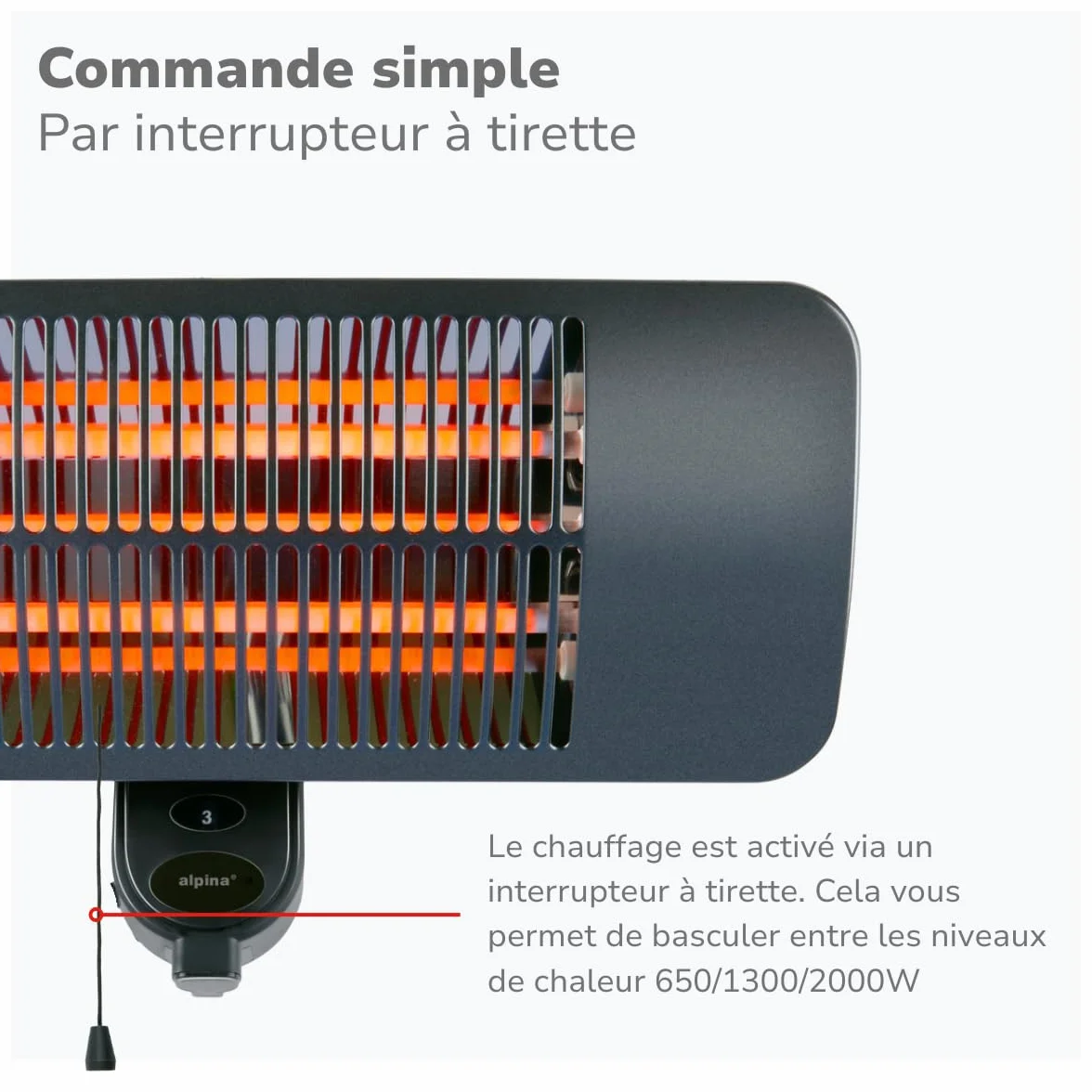 Alpina Chauffage de Terrasse Suspendu 2000W 3 Niveaux IP34 Lampe Chauffante Infrarouge