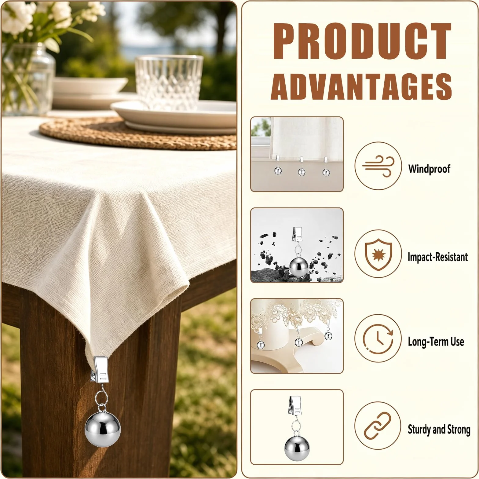 Pinces à Nappe Inoxydable 65g, 4 Pièces Poids de Nappe pour Intérieur Extérieur Mariage