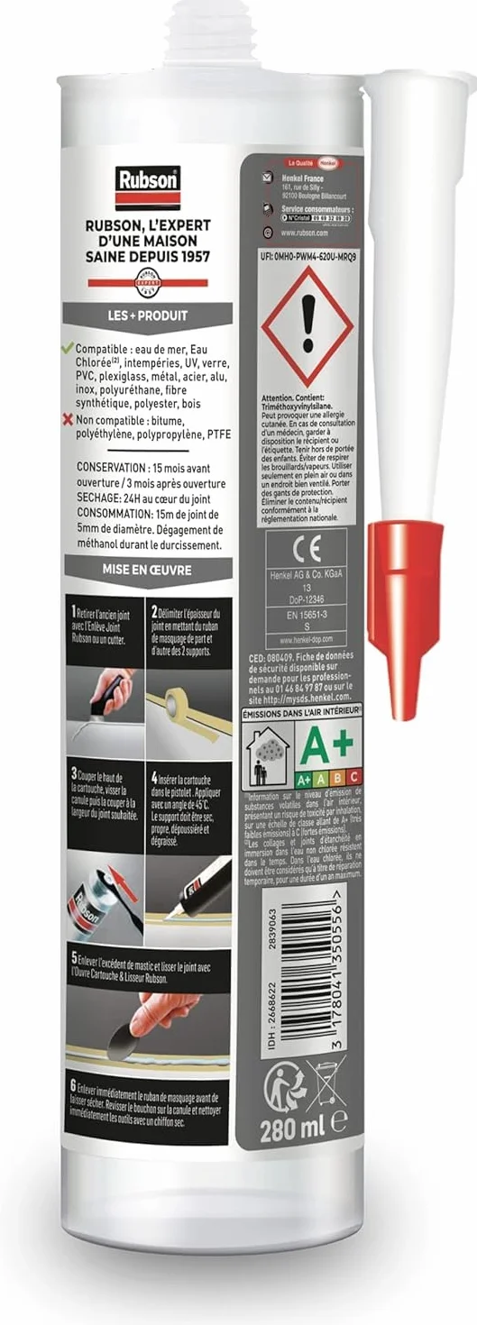 Rubson – Mastic Special Materials Piscine Transparent (cartouche de 280 ml) – Mastic étanche pour piscine et entourage – Colle pour réparation temporaire même sous l'eau