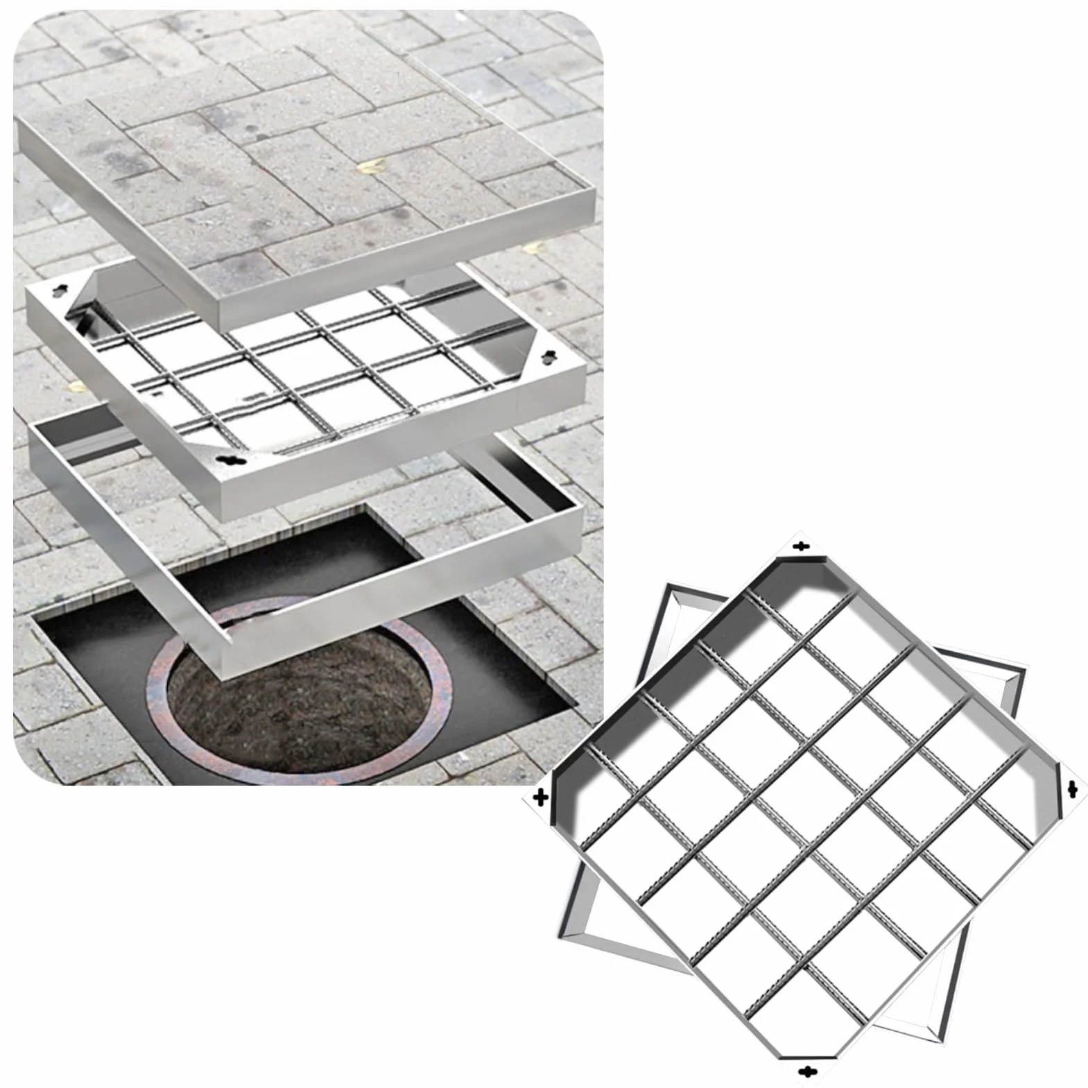 Caniveau Couvercle de Regard Invisible Acier Inoxydable Carré 30x30cm pour Extérieur