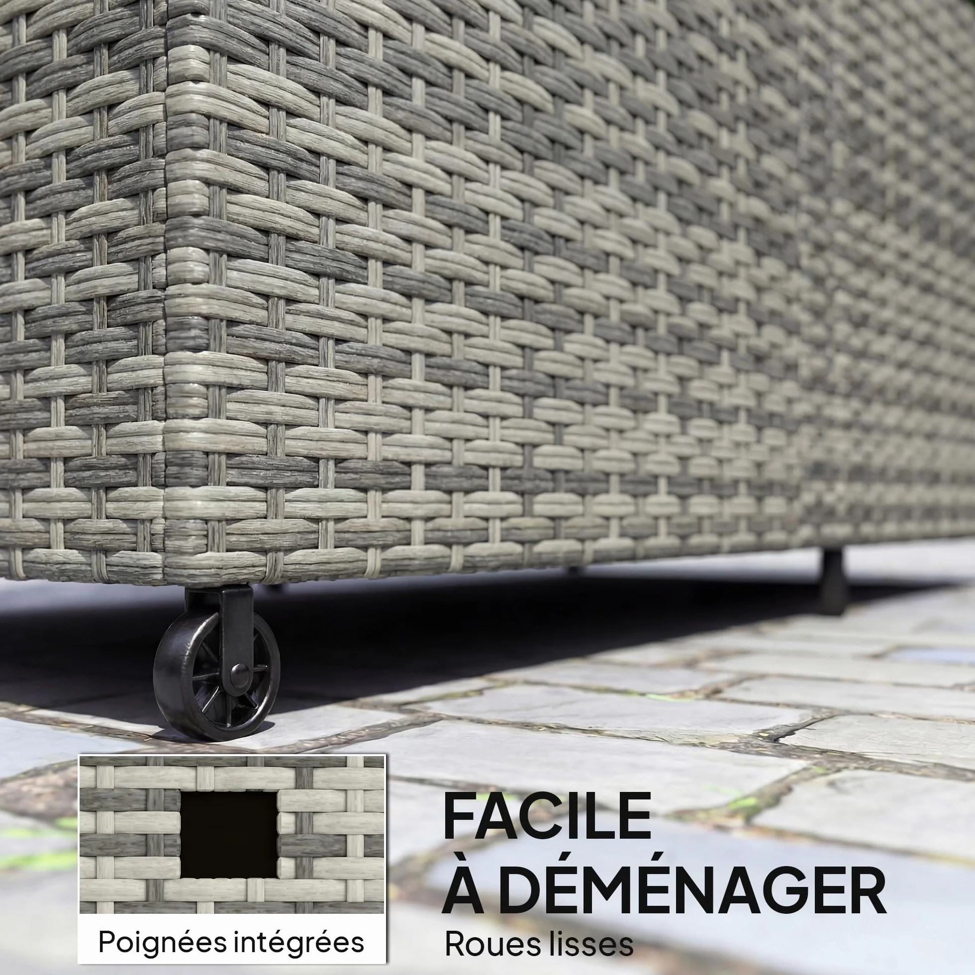 Outsunny Coffre de jardin résine tressée 650 L imperméable extérieur rangement avec doublure zippée tige pneumatique sécurisée 2 roues 150x75x74 cm gris