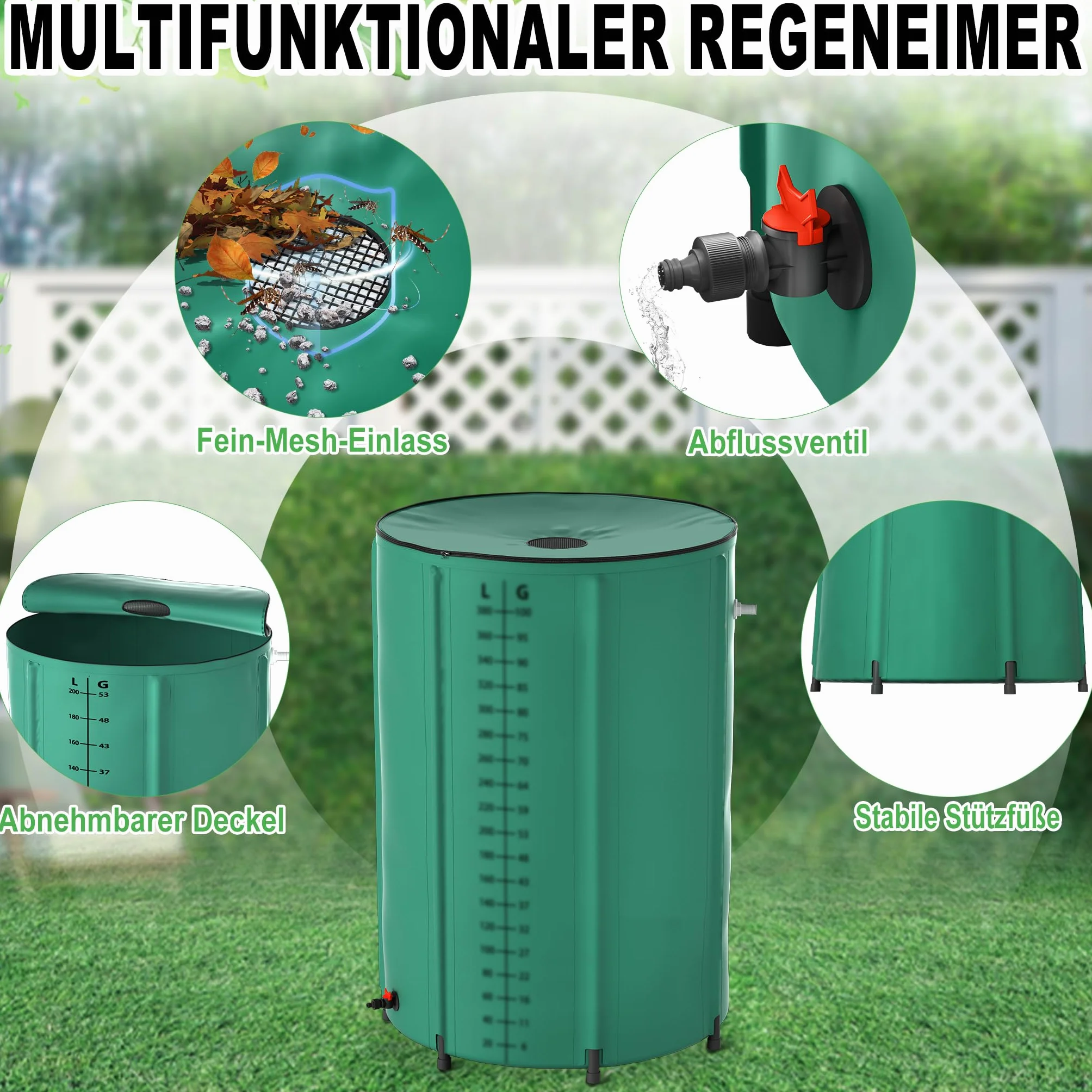 Récupérateur d'eau de pluie pliable 200 l PVC mat avec couvercle - Vert