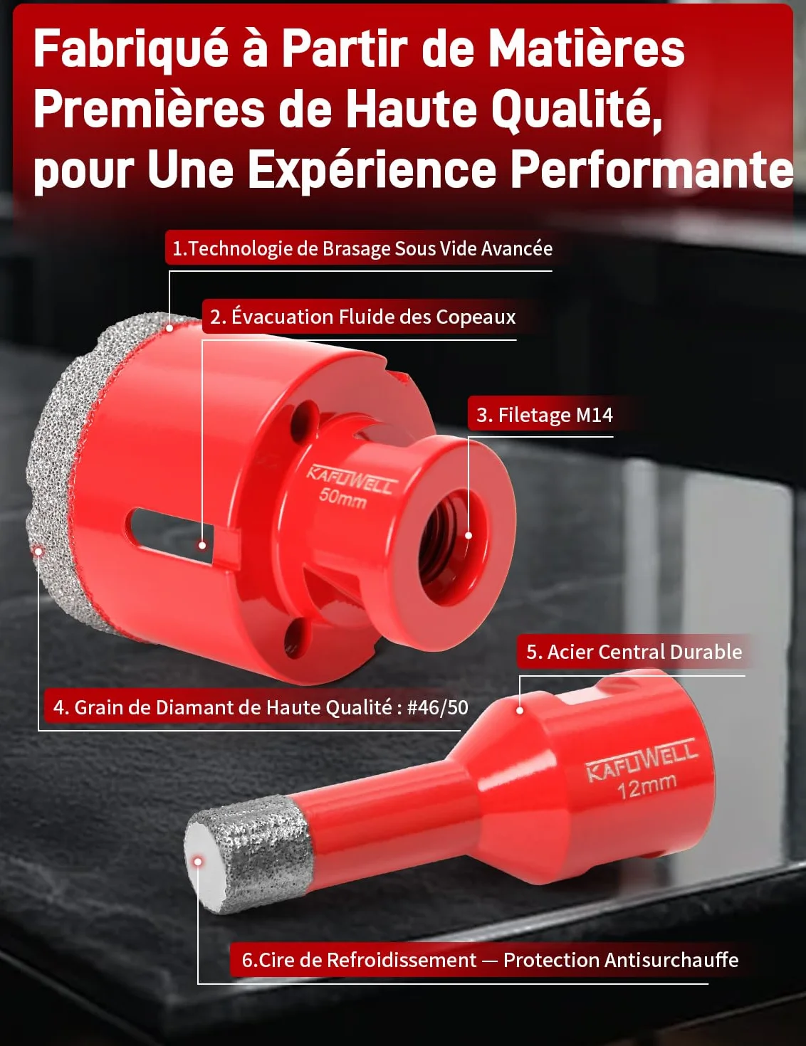 8 Pcs M14 Foret Carrelage Diamant, Scie Cloche Carrelage, TrépanCarrelage, Ø 6/8/10/12/35/50/68mm avec Adaptateur, Brasé Sous Vide, pour Porcelaine Carrelage Granit Marbre, Meuleuse d’Angle
