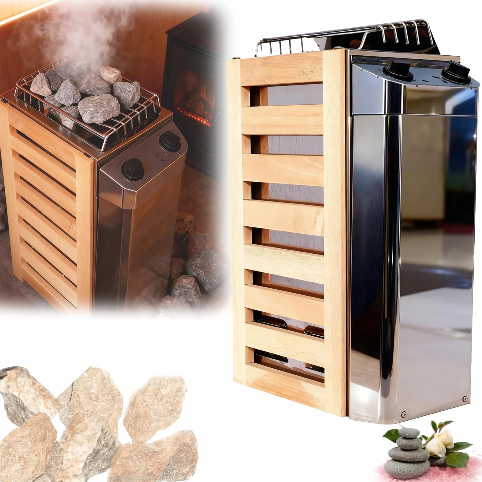 Poêle Sauna électrique Portable 3,6 Kw En Acier Inoxydable Avec Commandes Internes Pour L'Intérieur Et L'extérieur Avec Minuterie 3 Heures Et Contrôleur Numérique Pour 3 à 6 M³ Accessoires Sauna