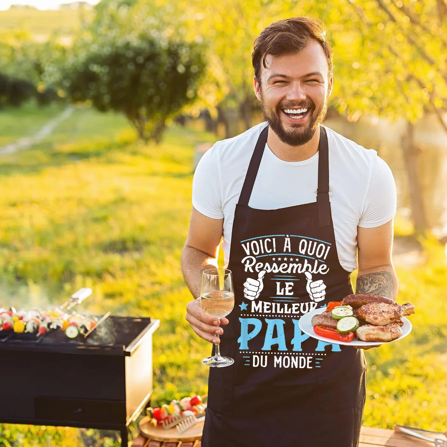 Tablier Cuisine Réglable Chef pour Homme - Cadeau Fête des Pères - Tablier BBQ Jardinage