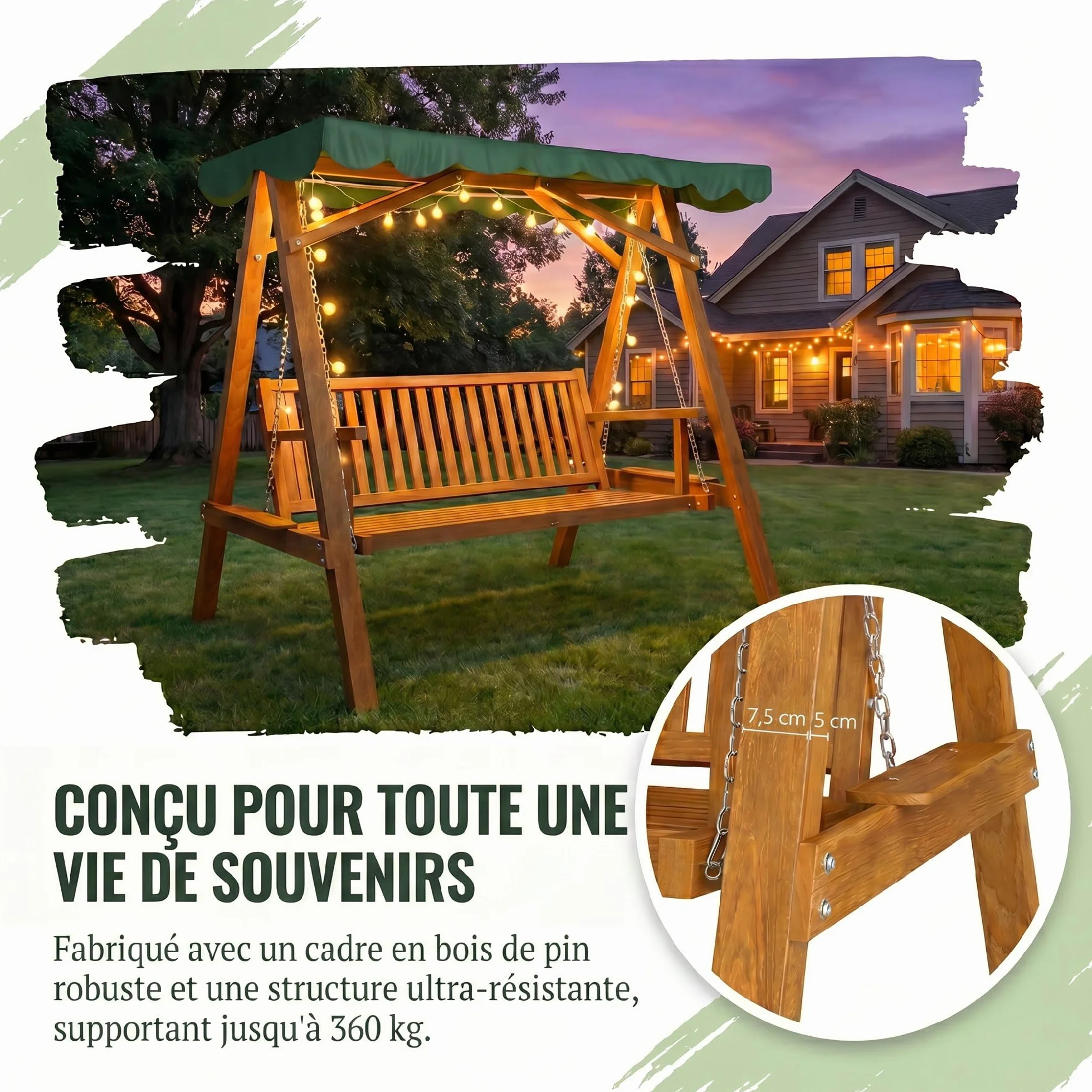 Outsunny Balancelle de Jardin 3 Places Toit imperméabilisé 360 Kg Bois de pin Vert