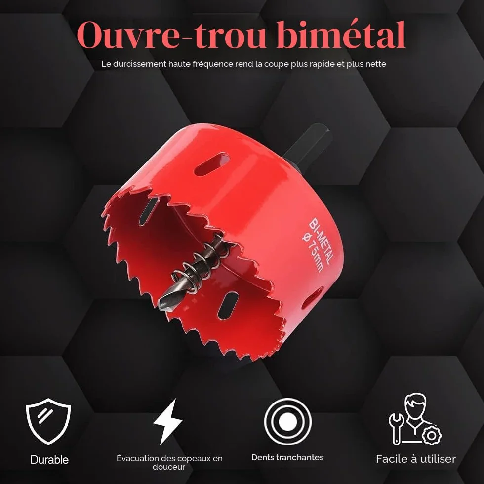 Flintronic Scie Cloche Bi-métal, Coffret de Trépan 13 PCS (avec 13 Mandrins, Clé Hexagonale et ressorts) Lame de Scie Ø18-75mm pour Percer Plastique, PVC, Bois, Panneaux Fibres, Métal Souple