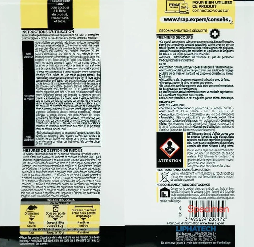 Raticide Professionnel Diféthialone 0,25% 150 g - Appât Très Puissant Rats Souris Résistants