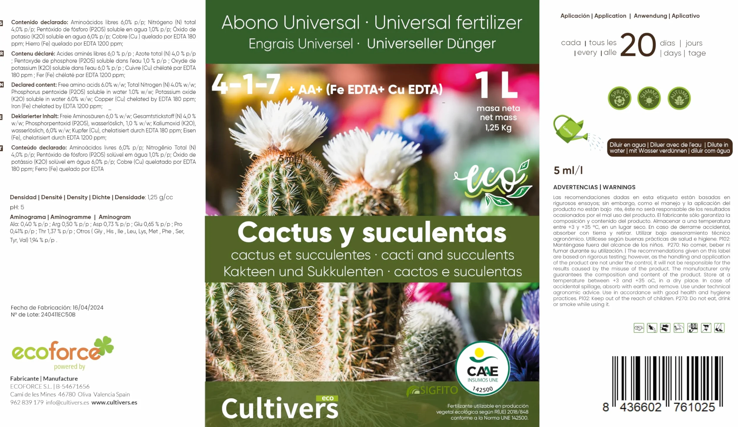 CULTIVERS Engrais Biologique pour Cactus et Plantes Succulentes 1 L. Engrais Liquide Organique