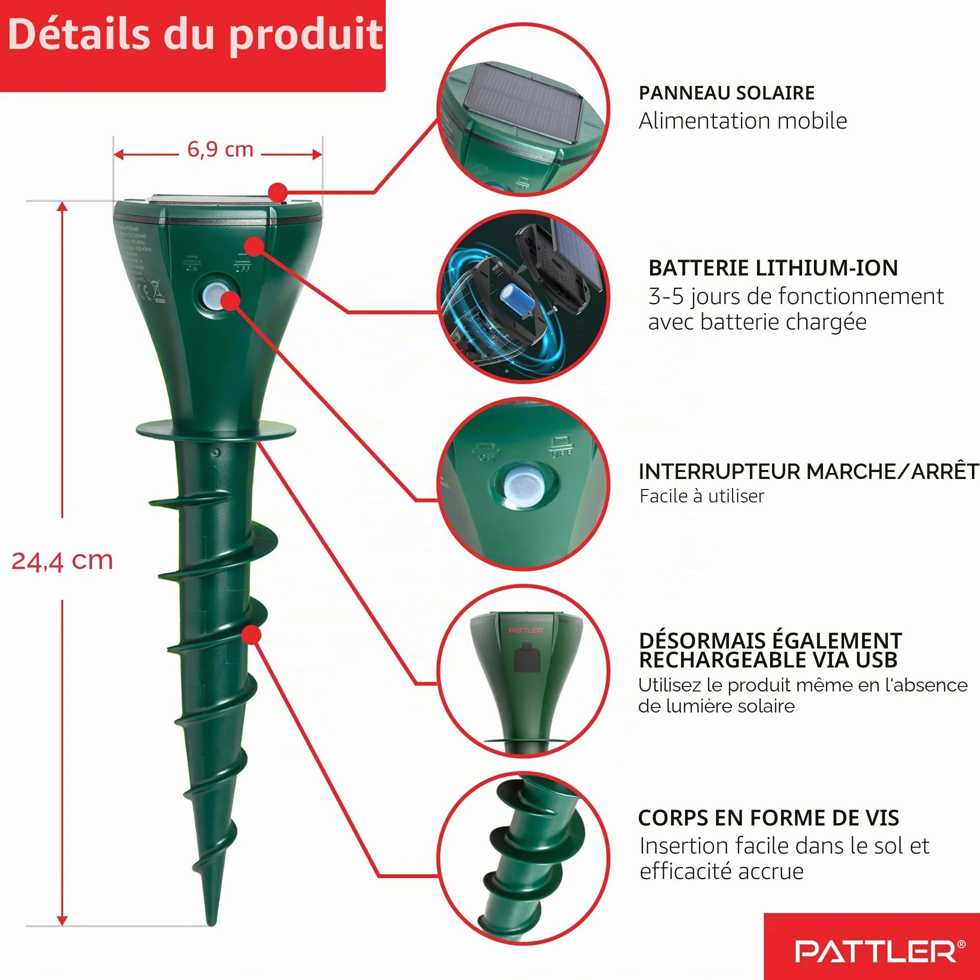 PATTLER Lot de 2 répulsifs anti-taupes solaires 800 m²