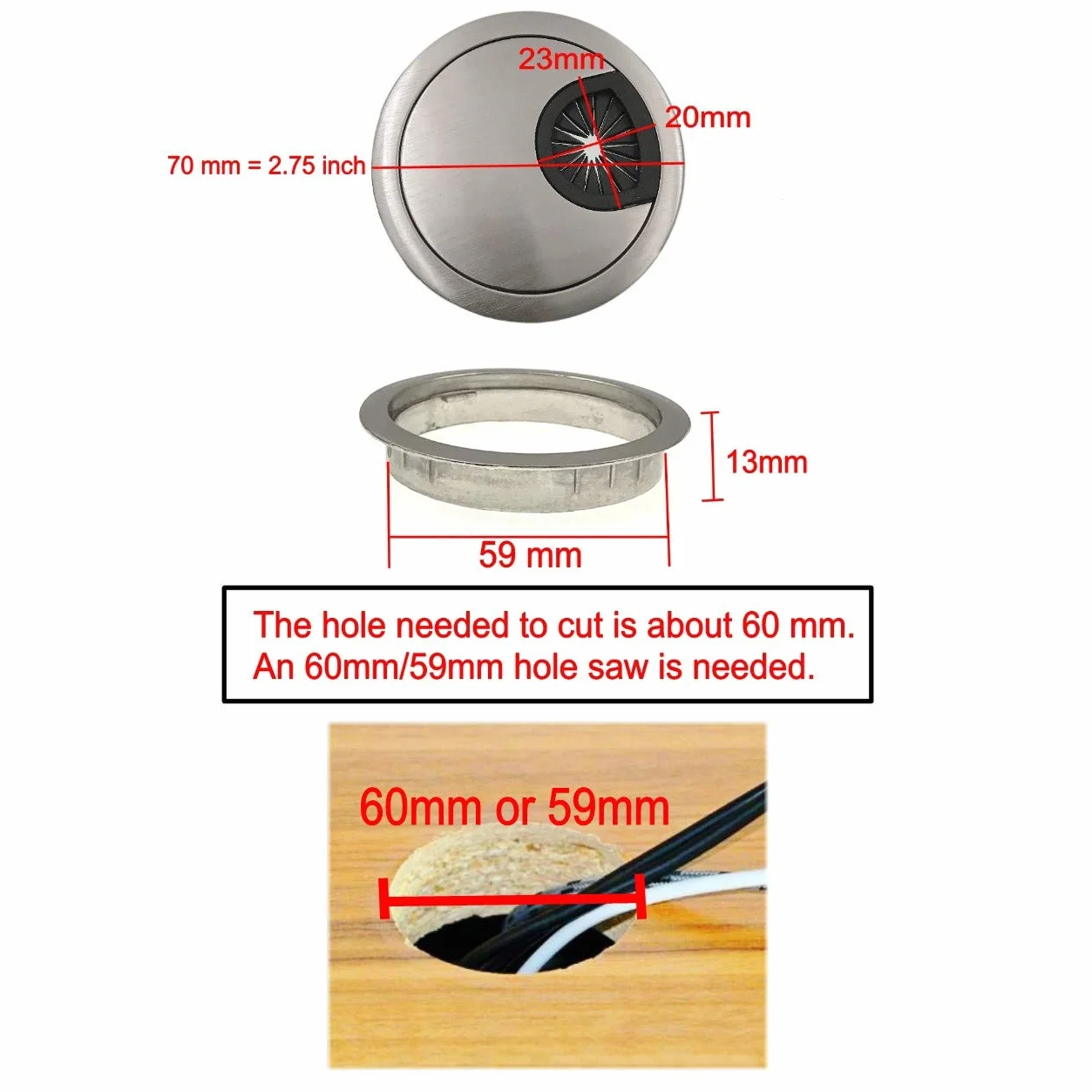 JZK 4 PCS Alliage de Zinc Passe Câble Passage de Câble en Métal de 60mm, Couvercle de Trou de Câble de Bureau d'ordinateur, Trou de Gestion de Passe-câble