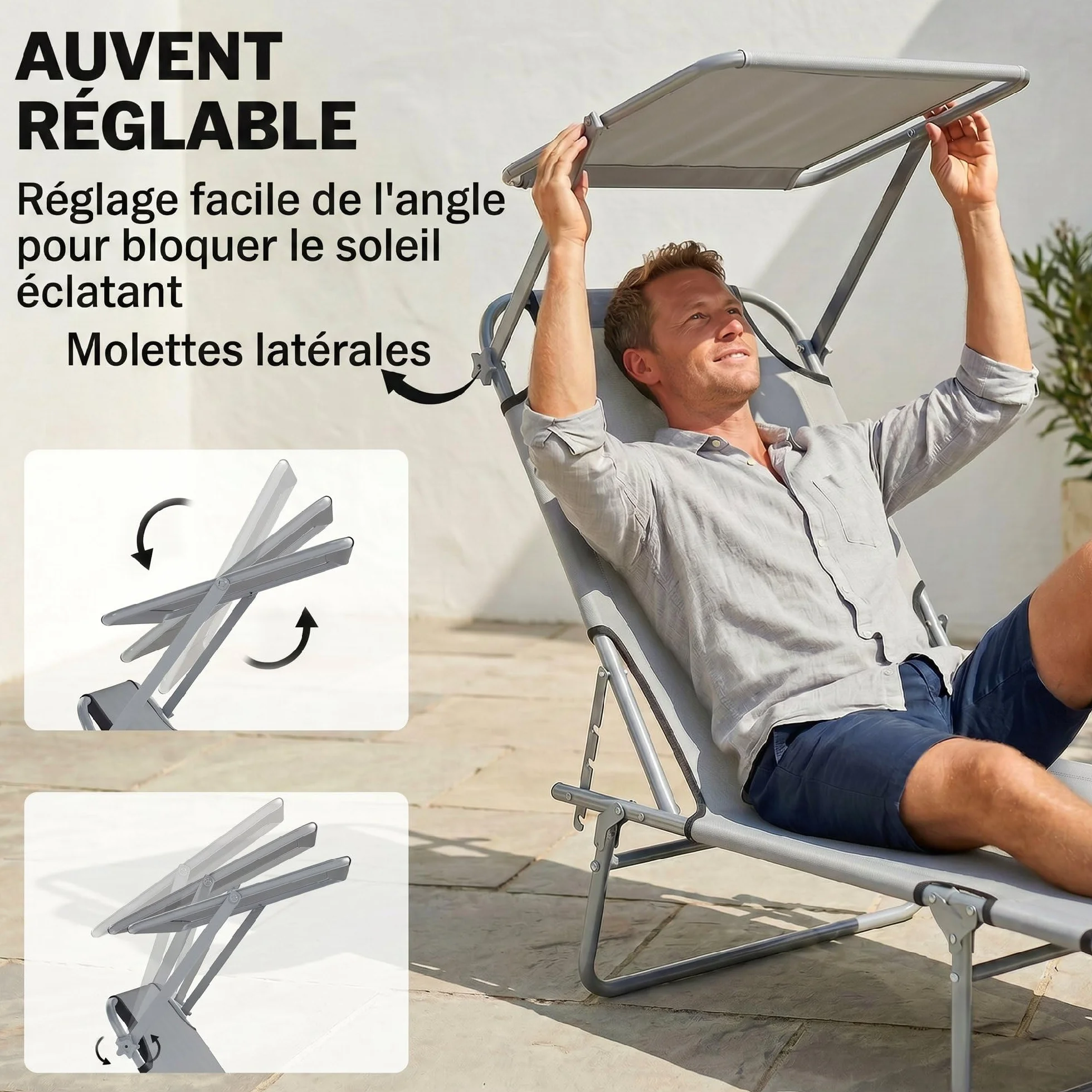 Outsunny Chaise Longue Pliante Transat Bain de Soleil 187x58x36 cm Gris Clair