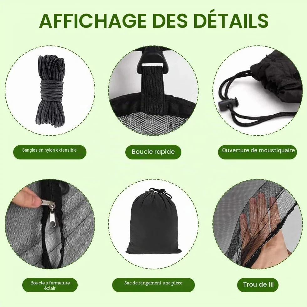 Hamac de Camping avec Moustiquaire Anti-Insecte 360° Double Face Fermeture éclair Noir