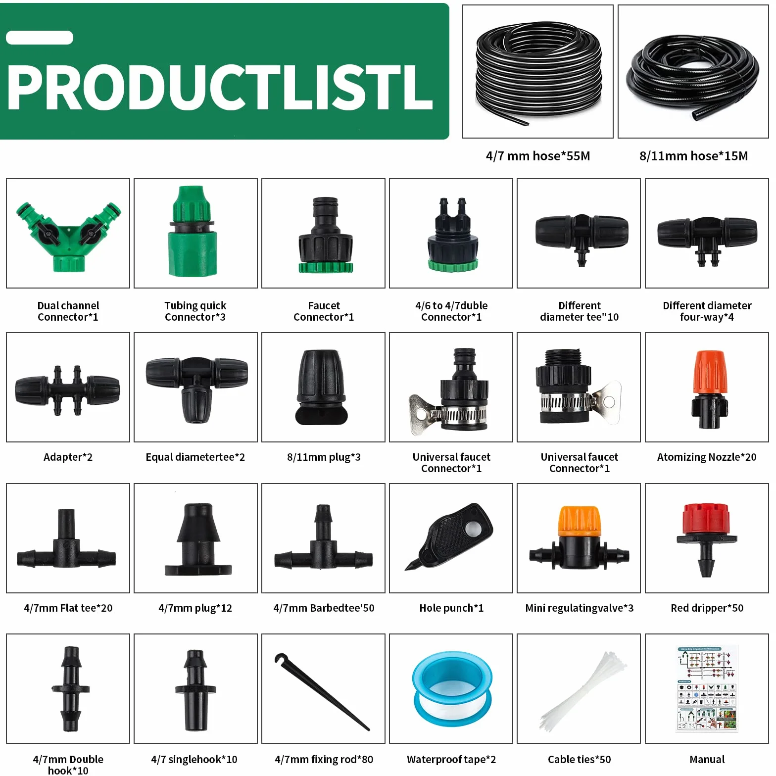 Kit d'irrigation Goutte à Goutte 340Pcs, Système d'Arrosage Automatique 55m+15m pour Jardin Pelouse Serre