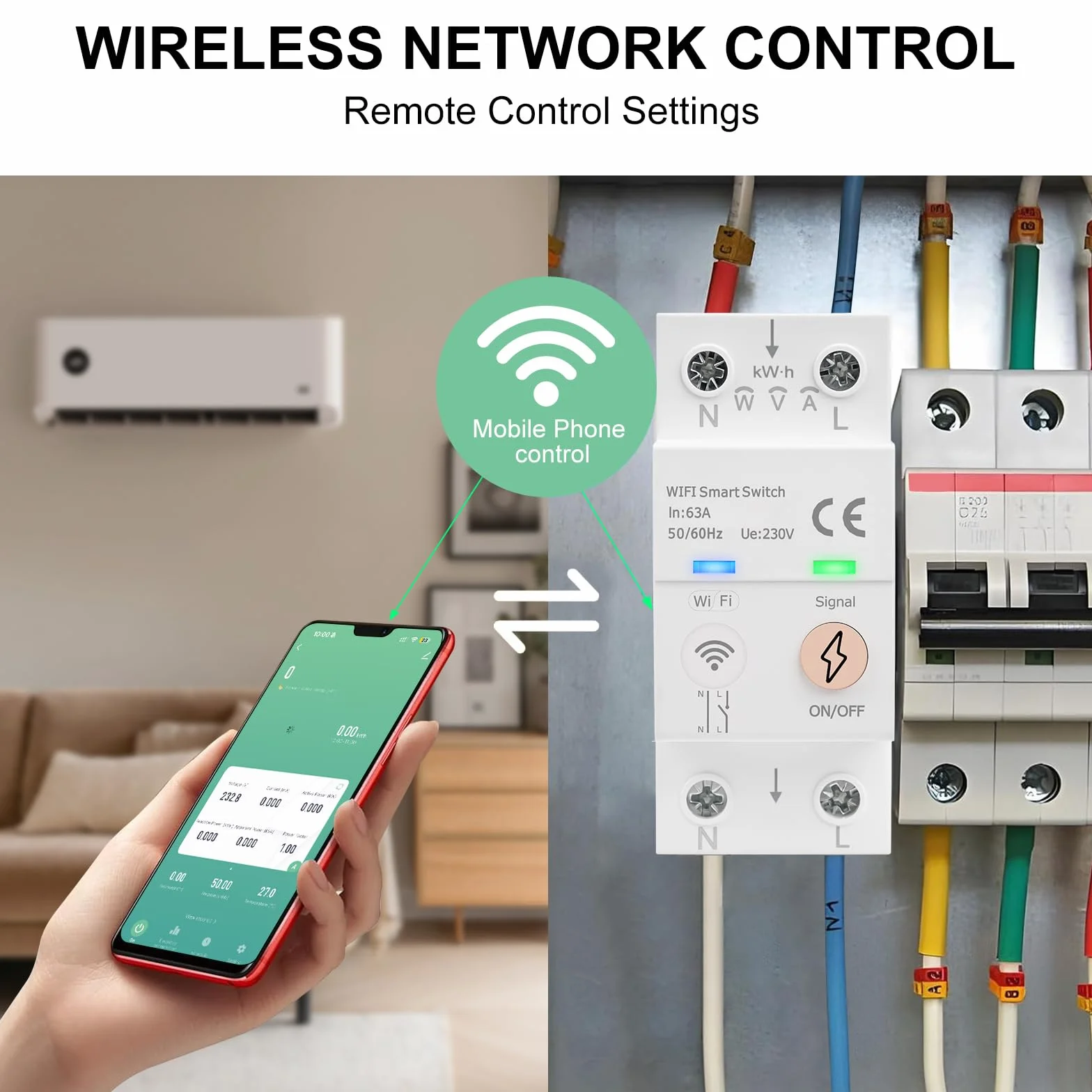 Disjoncteur wifi 63A TUYA commande vocale compteur d'énergie AC80-300V disjoncteur intelligent Interrupteur connecté à distance Protection contre les surcharges de surintensité