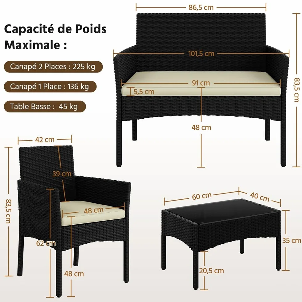 Yaheetech Salon de Jardin 4 Personnes Polyrotin Métal Mobilier d'extérieur 4 Pièces avec Coussin Canapé 2 Places 2 Fauteuils 1 Table Basse Noir/Beige