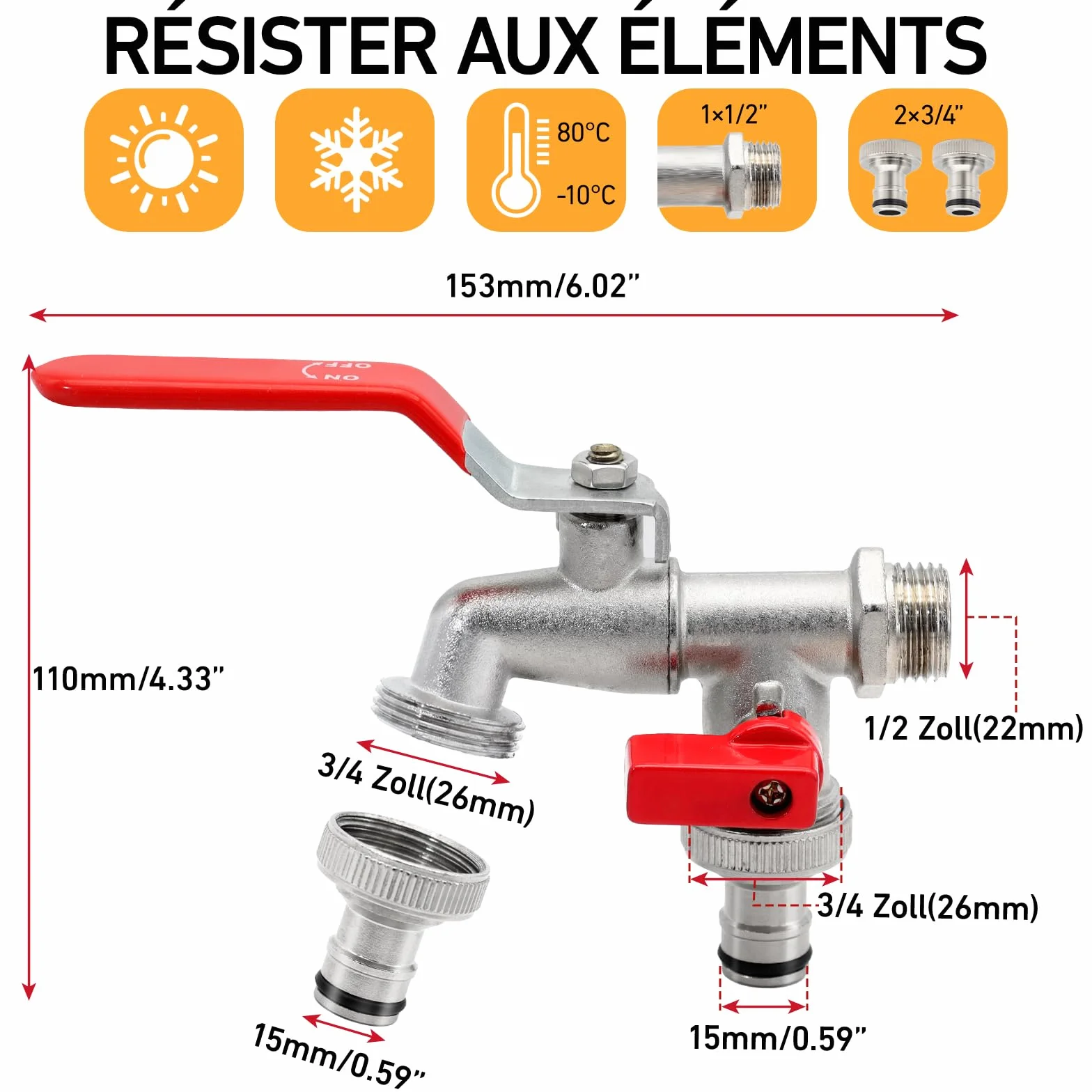 Robinet de Jardin Premium à Double Sortie 1/2" - 3/4" Laiton Argent Aqua Control G6354