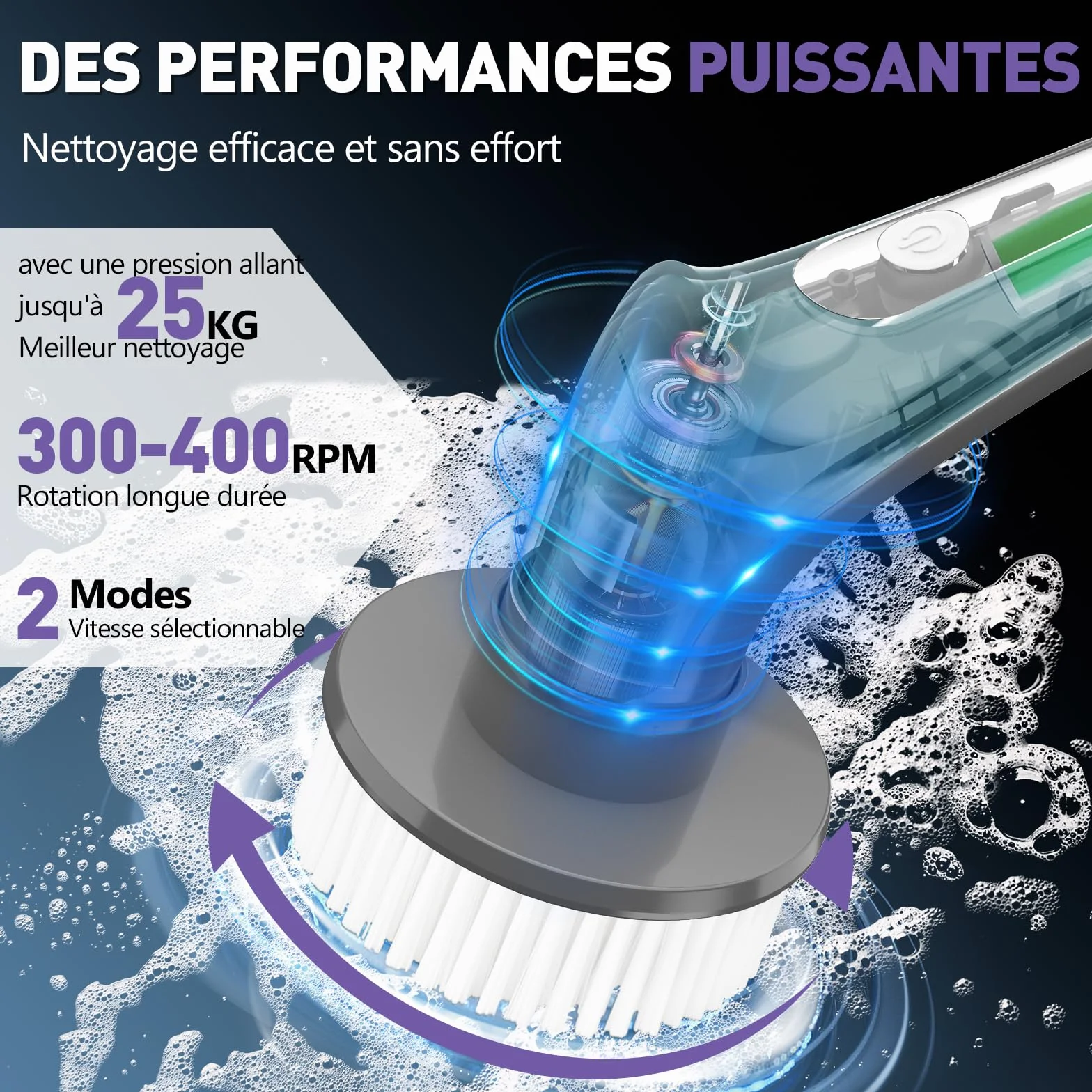 Brosse Électrique Nettoyage Rechargeable USB sans Fil, Electric Spin Scrubber, avec Tige Télescopique et 9 Têtes Interchangeables pour Salle de Bain