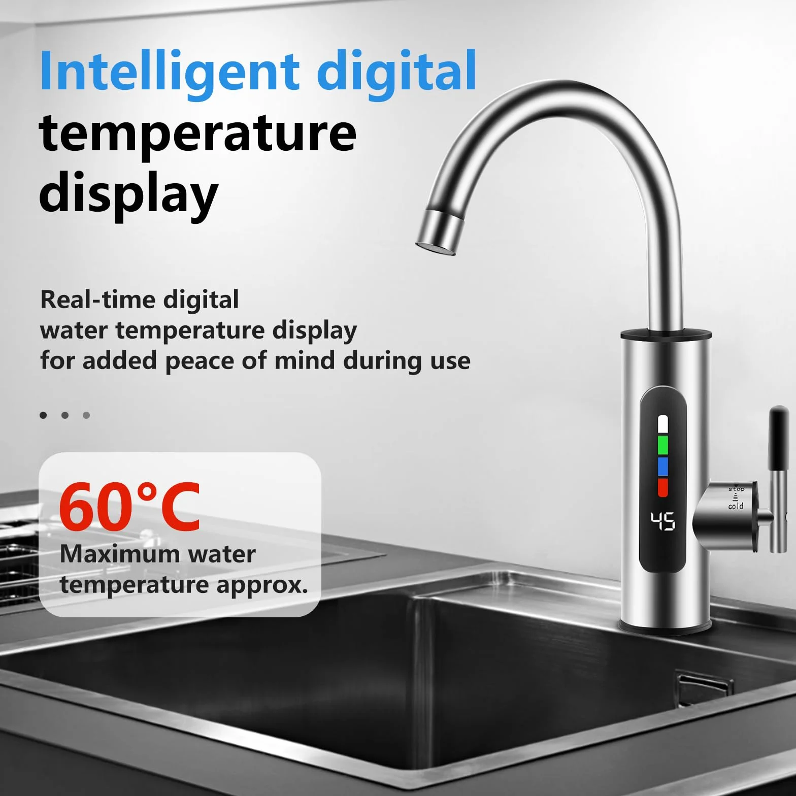 360° Robinet Chauffant Instantané 3000W Avec Indicateur LED Cuisine Salle De Bains