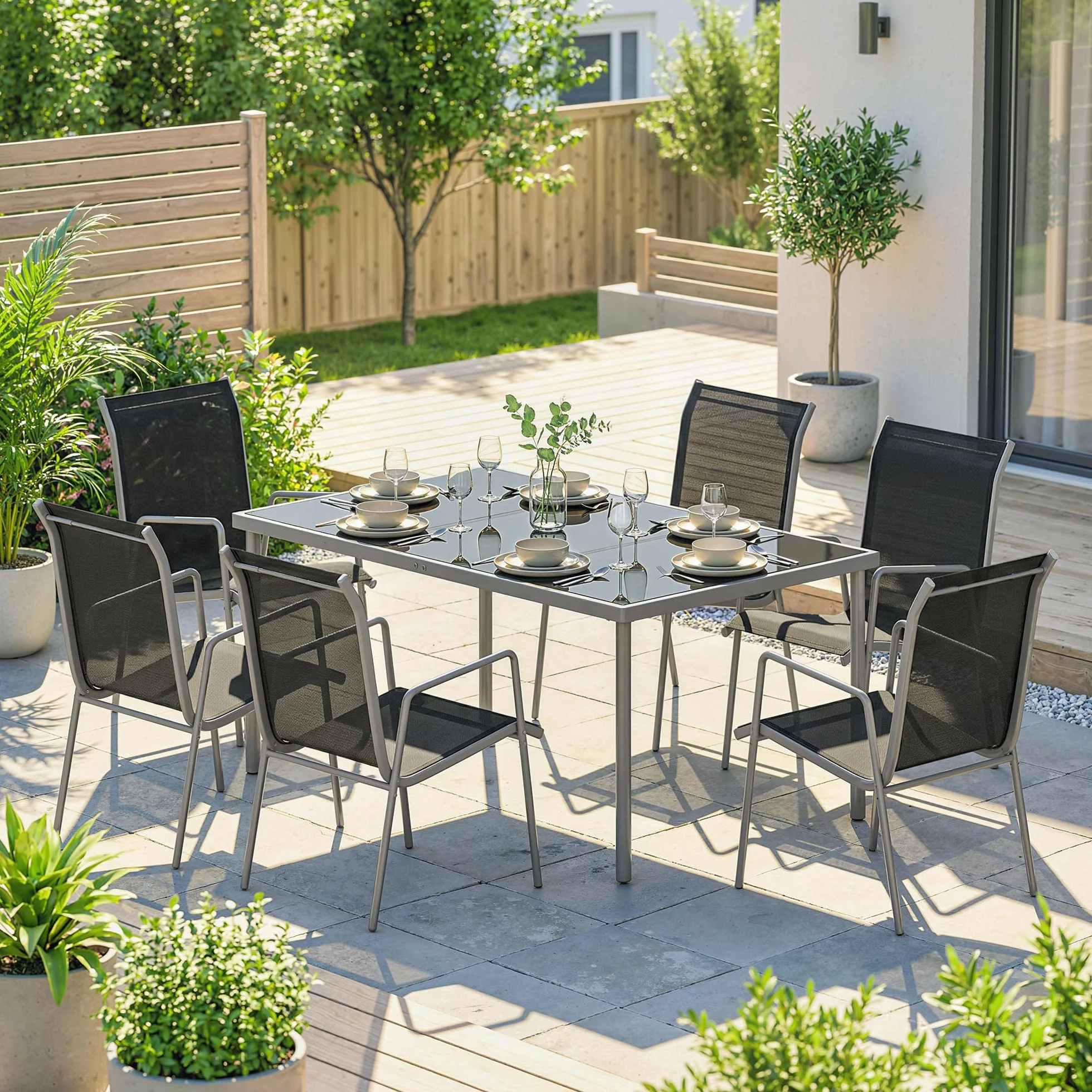 Outsunny Salon de Jardin 6 Personnes Table et Chaises Empilables Textilène Plateau Verre Trempé Argent