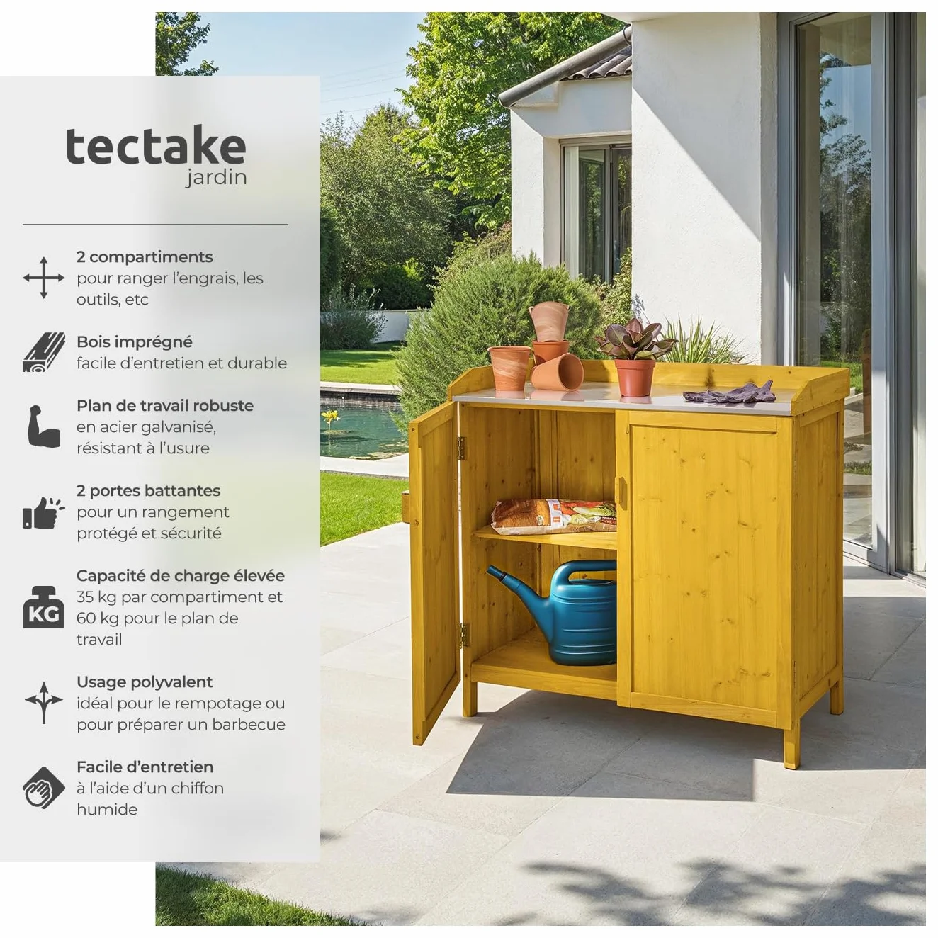 Tectake Table de rempotage Abri de Jardin Bois Plan de Travail zingué Table de Culture Rangement Outils Jardinage Armoire Jardin Exterieur Plantes Fleurs semis Potager