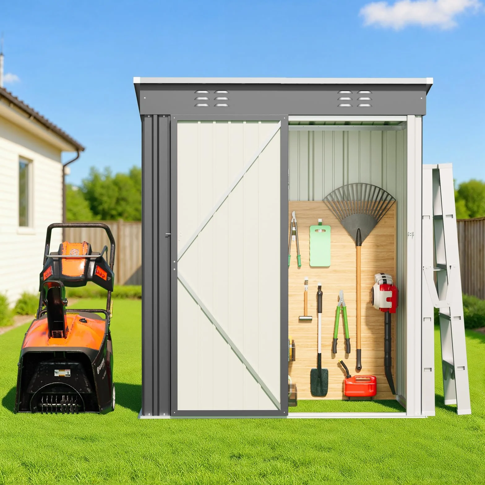 Abri De Jardin Métallique 182x161x94 cm Gris avec Étagères Toit Incliné Ventilation