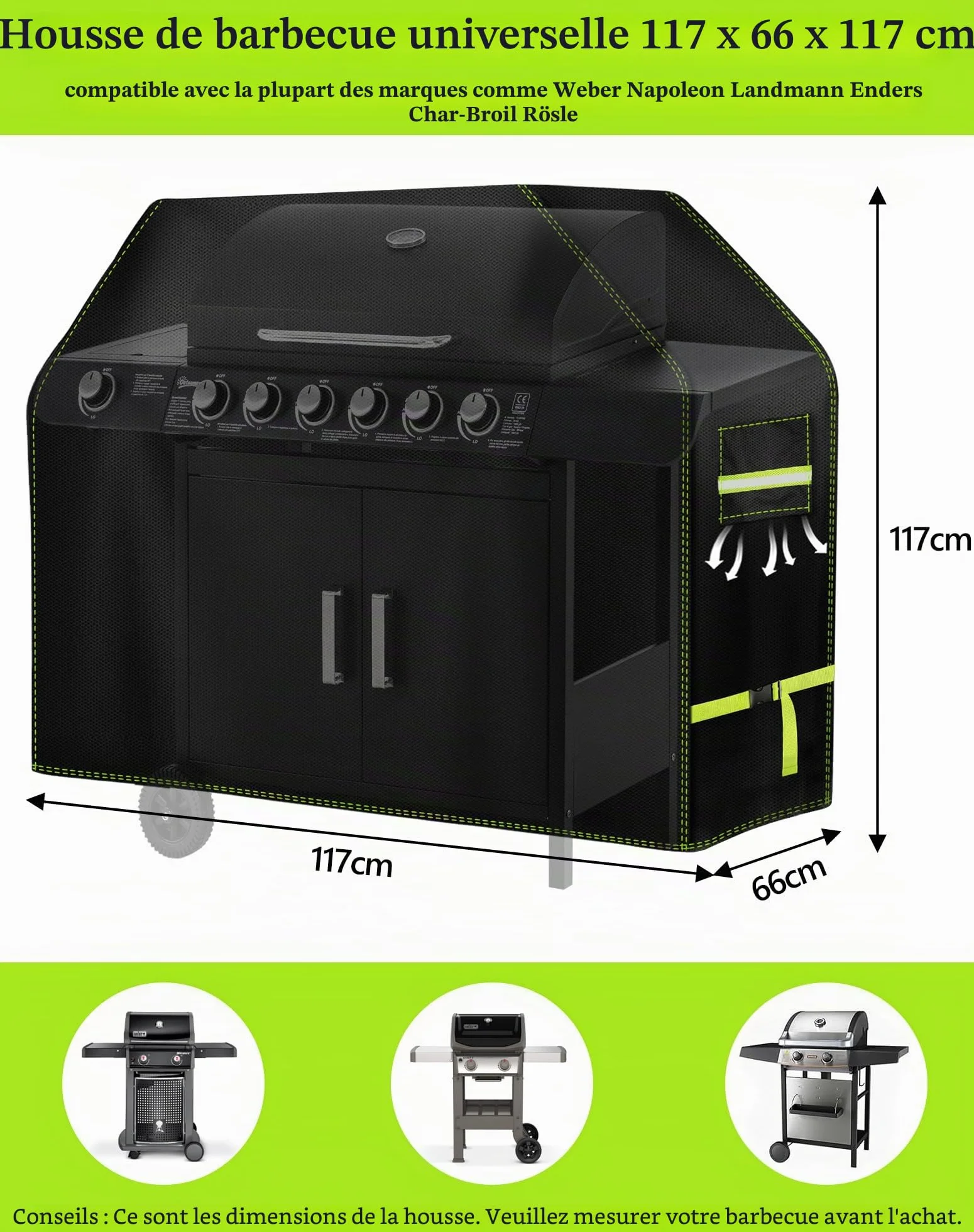 Housse Barbecue Exterieur 600D Oxford Impermeable 117 x 66 x 117 cm Anti-UV Anti-Vent