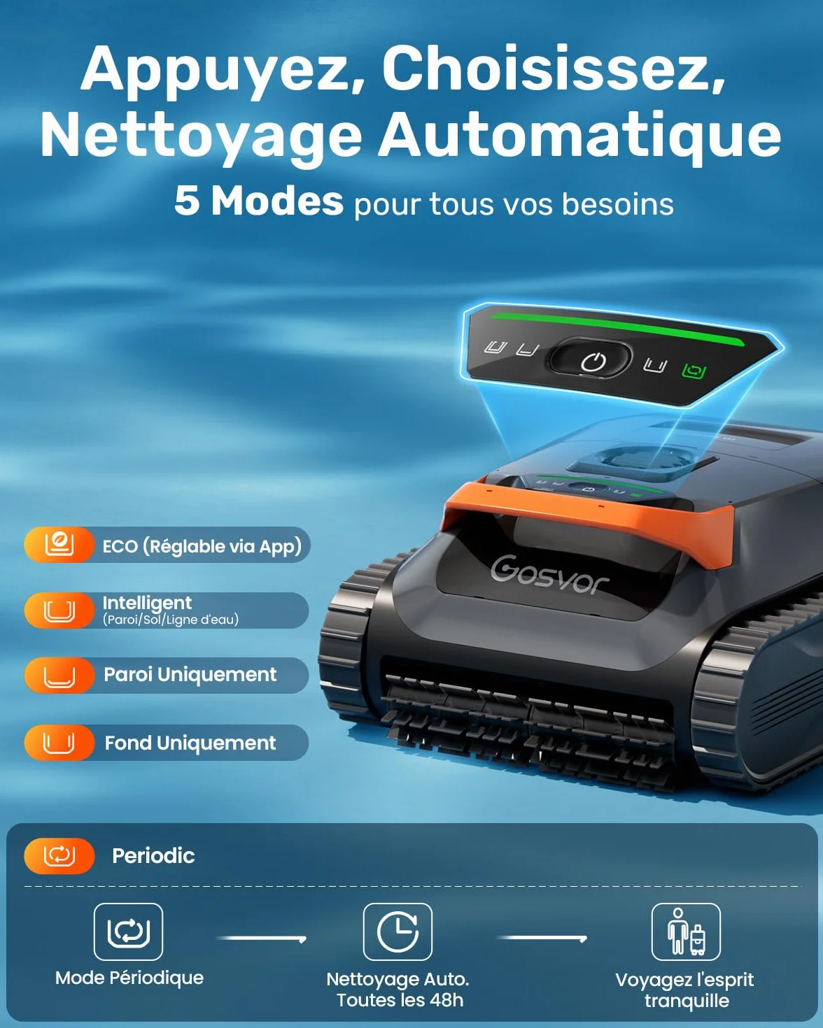 Gosvor LiteVac G1 Robot Piscine Sans Fil Fond et Parois, Navigation WavePath, Filtration 3 μm, 4-en-1, Aspiration 15 000 L/h, Contrôle App, jusqu'à 200 m²