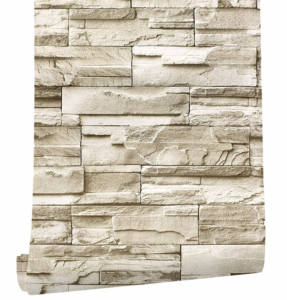 myforHD Papier Peint Auto-adhésif Effet Brique 44cmX300cm Pierre Feuilles Autocollant Amovible Décoratif PVC Vinyle Film Imperméable pour Mur de Cuisine Salon Chambre
