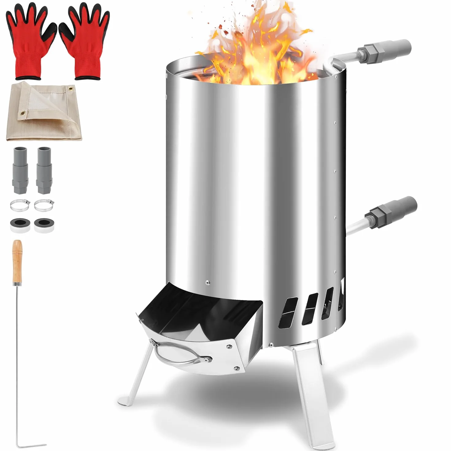 Chauffage de piscine à bois en acier inoxydable, seau à feu, 32/38 mm, raccords acier inoxydable avec tapis ignifuge et plateau
