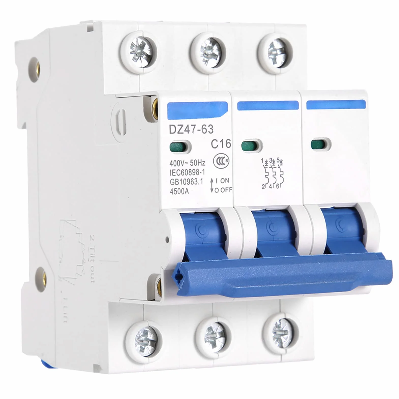 Disjoncteur Miniature Automatique de Sécurité DZ4763 3 Pôles 400V Courant Alternatif Montage sur Rail DIN 35 Millimètres 16 Ampères