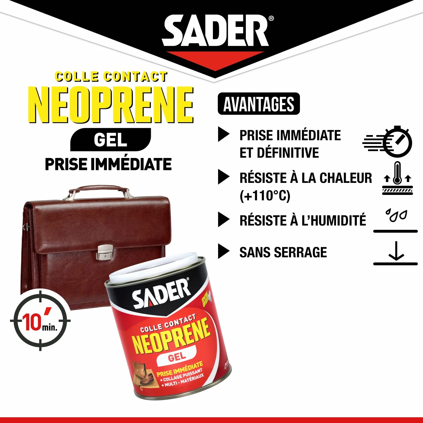 Sader Colle Contact Néoprène Gel – Colle Extra Forte Tous Matériaux – Prise Immédiate – Idéale pour Supports Poreux ou Verticaux – Spatule Incluse – Boîte de 750 ml