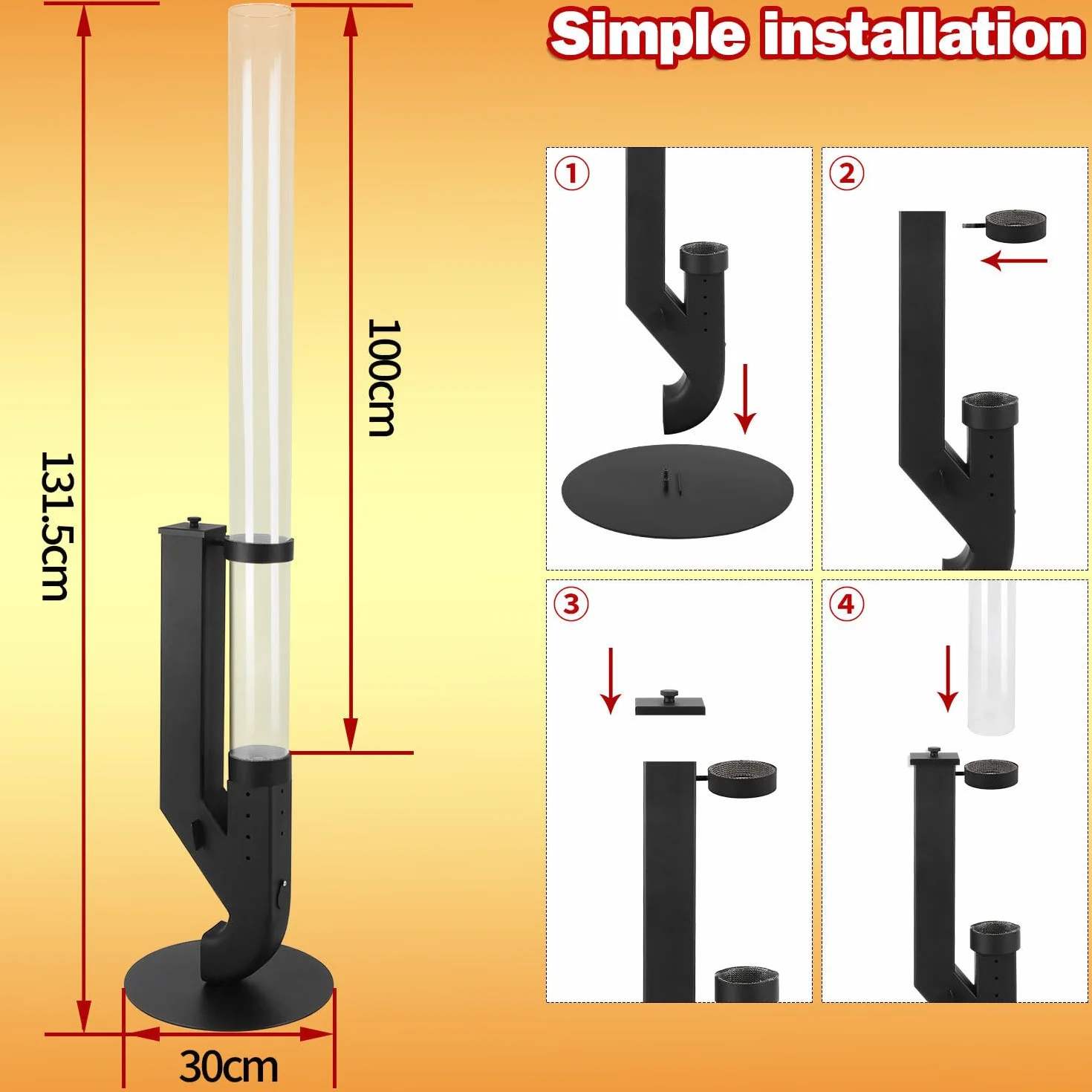Tube de feu à granulés en acier inoxydable 100 x 8 cm colonne de feu pour jardin terrasse