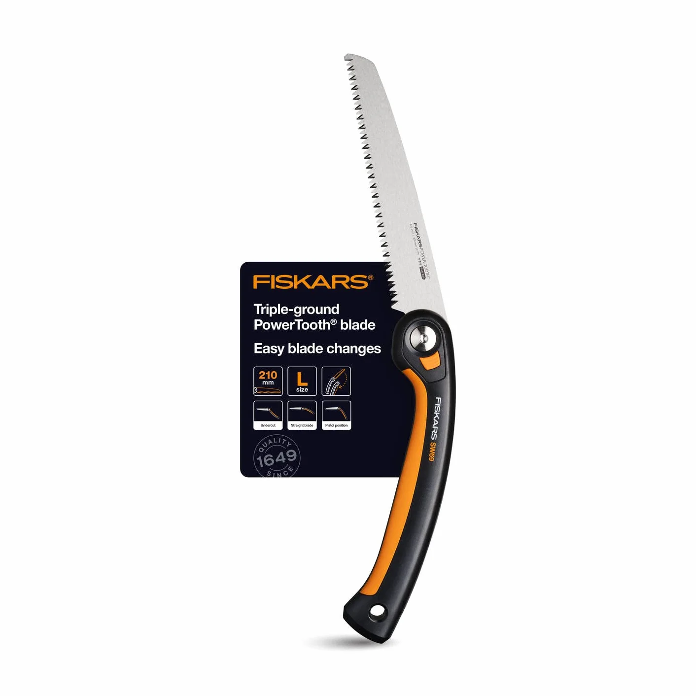 Fiskars Plus Scie Pliaple, pour Troncs et Branches épais, 3 positions de Coupe, Lame Power Tooth tranchante, Denture grossière, Longueur de la lame : 21 cm, Noir/Orange, SW69, 1067553