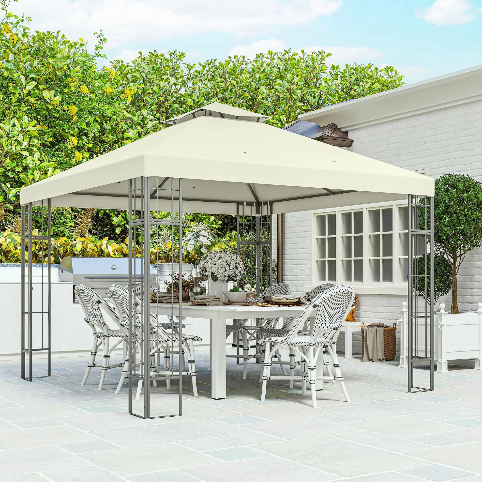Outsunny Pavillon double toit 3x3 m Hydrofuge stable résistant hiver Jardin protection UV Tente métal blanc crème