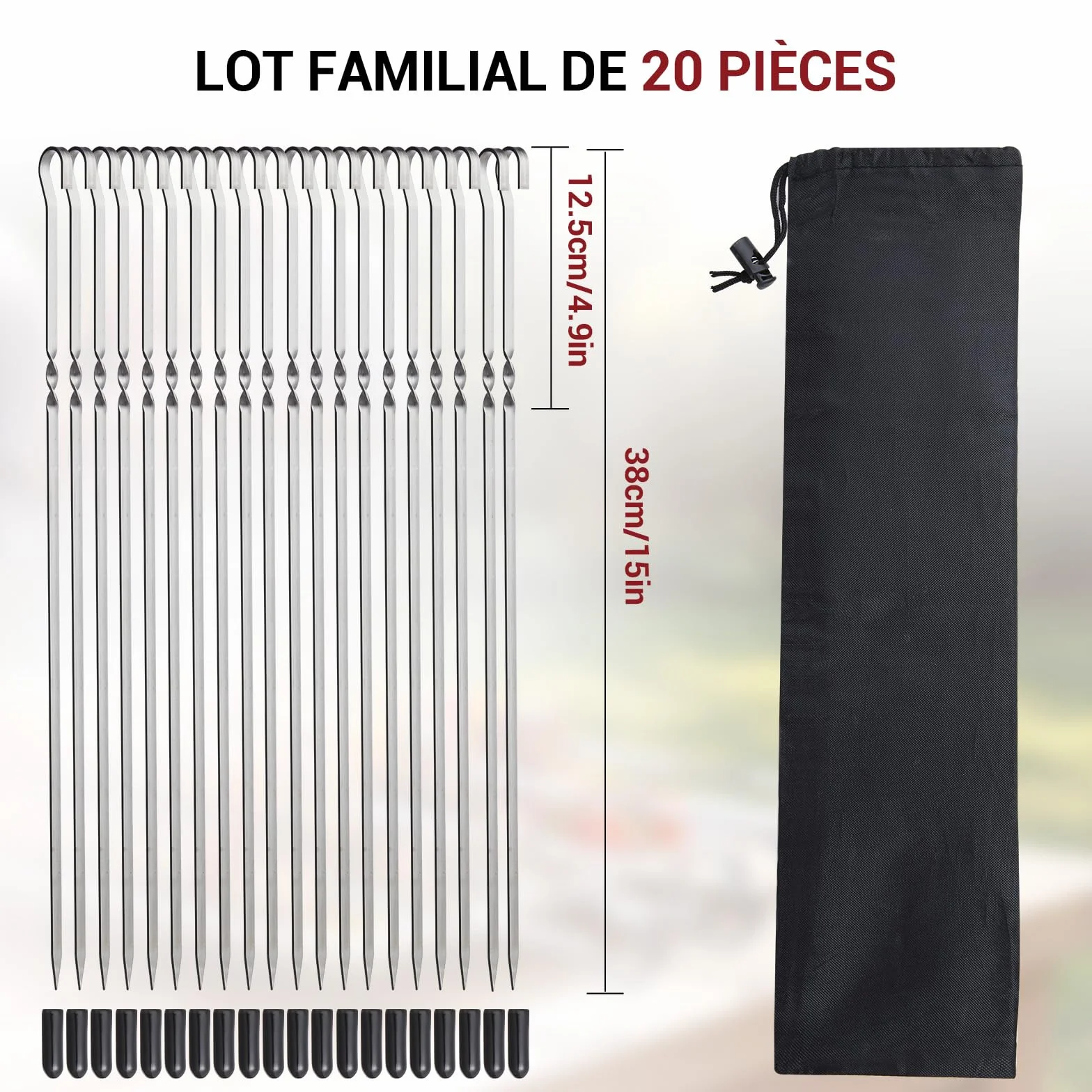 Brochettes à Viande en Acier Inoxydable pour Barbecue, Lot de 20, 38 cm