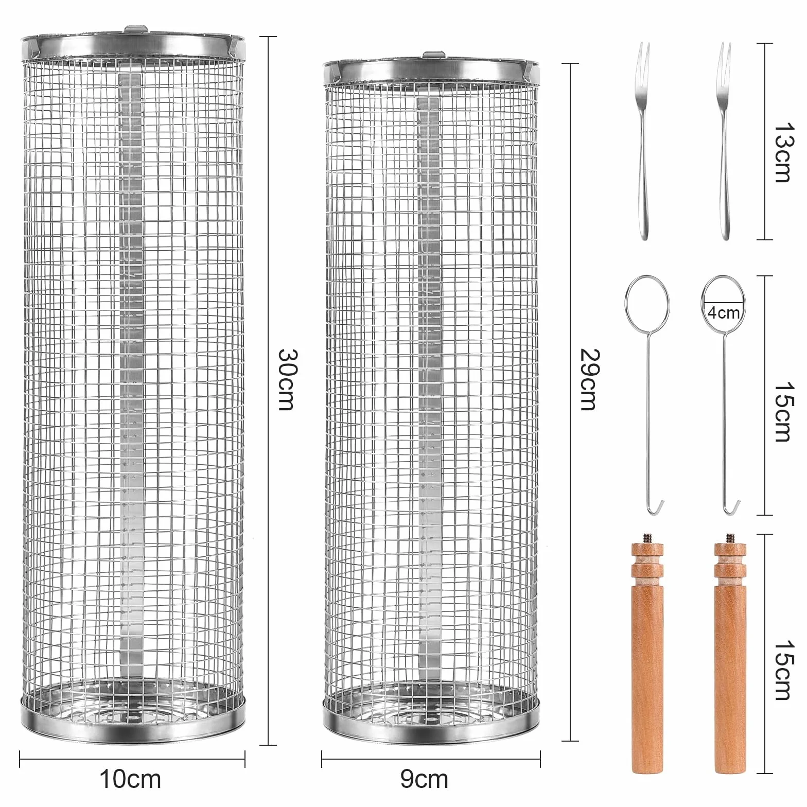 Paquet de 2 Paniers de Gril Cylindriques en Acier Inoxydable avec Poignée en Bois pour Camping