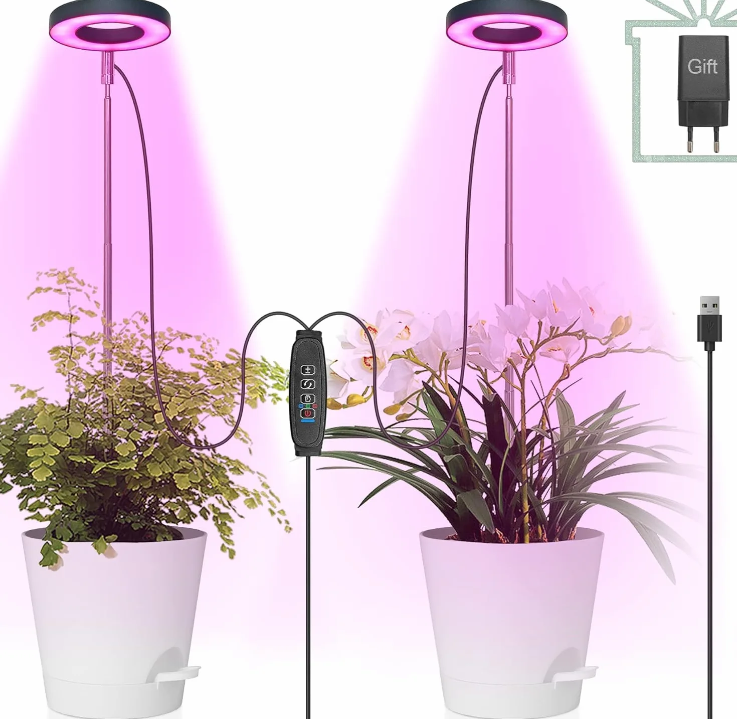 Lampe Plante Spectre Complet Réglable Hauteur Minuterie 3/9/12h 10 Luminosité 3 Modes Lumière 2-Tête pour Semis Succulentes Orchidée