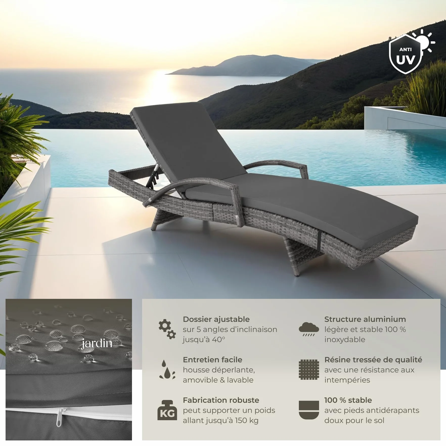 Tectake Chaise Longue Bain de Soleil Résine Tressée Aluminium Dossier Inclinable 5 Positions Transat Jardin Exterieur