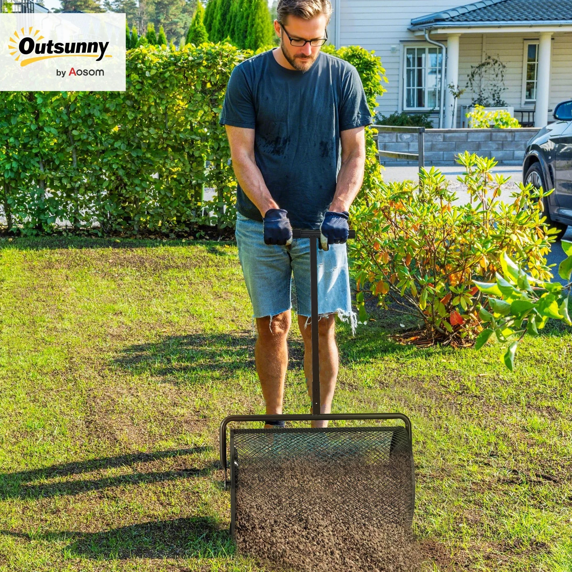 Outsunny Épandeur à Compost 75 L, épandeur de Gazon avec poignée en T réglable, Noir