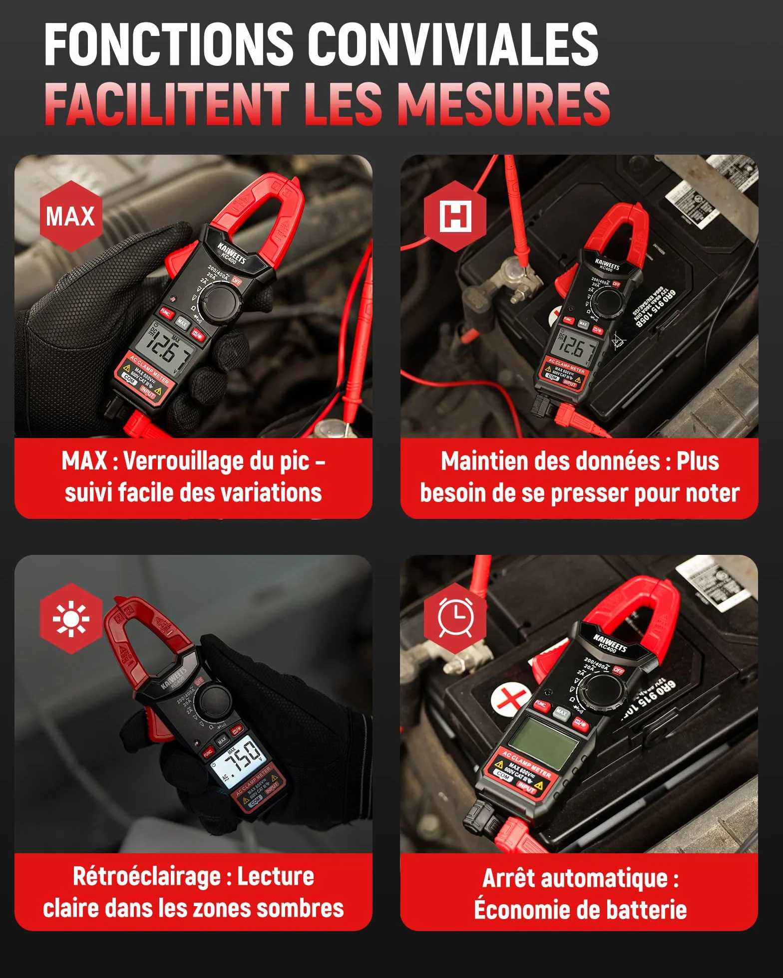 KAIWEETS Pince Ampèremétrique 400A avec NCV, Multimètre Automatique 600V Testeur de Tension AC/DC, 2000 Points, Voltmètre, Amperemetre, Résistance, Continuité & Diode, Compact, KC400