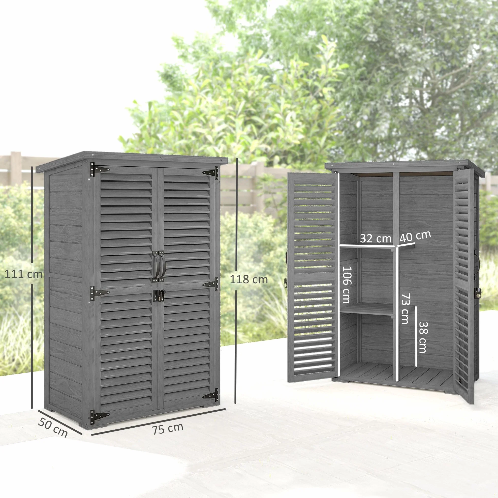 Outsunny Armoire de Jardin Remise Outils Bois 2 Étagères Toit Bitumé Portes Persiennes Verrouillable 75x50x118cm Gris