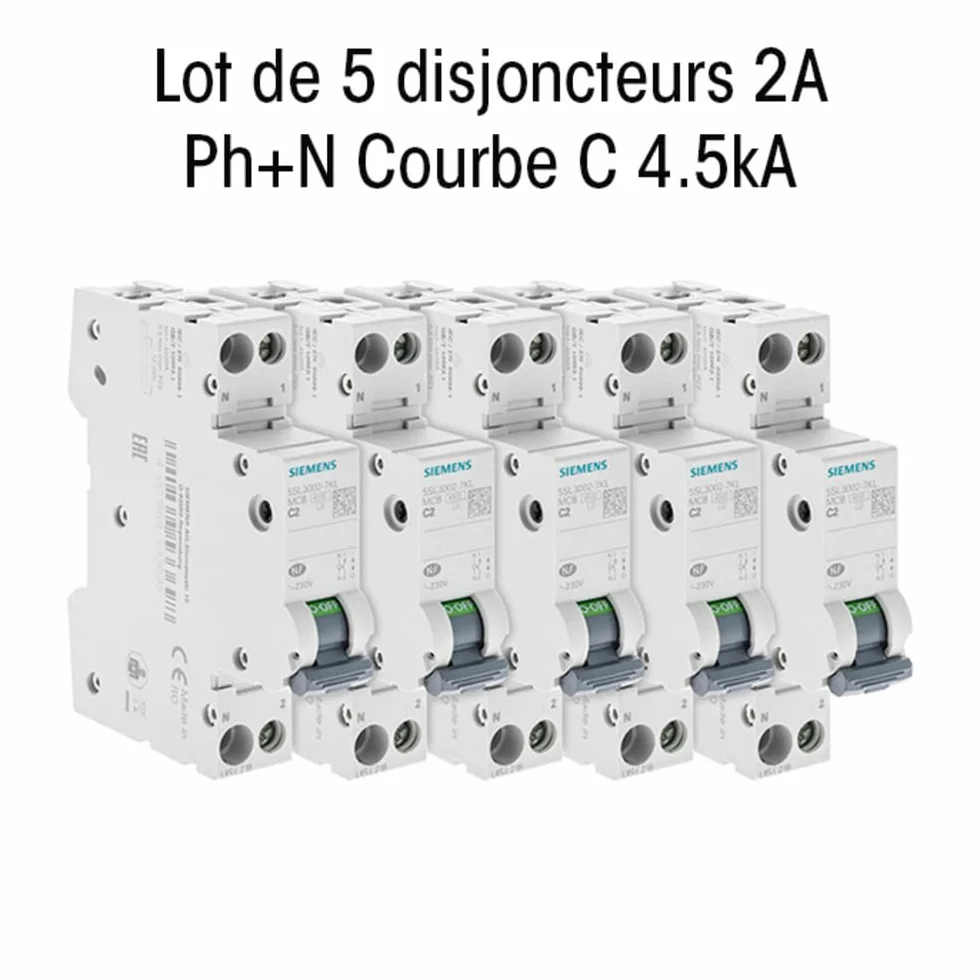 Siemens Ingenuity for life - Lot de 5 Disjoncteurs électriques phase + neutre 2A