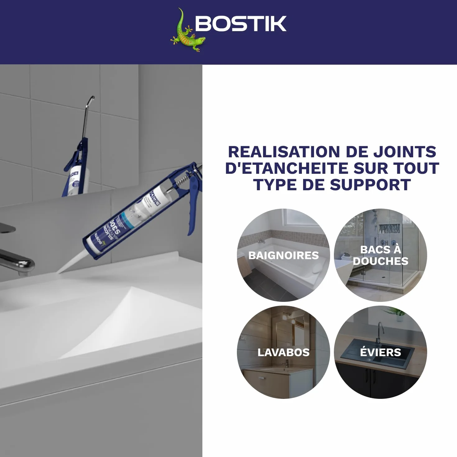 Bostik S300 – Mastic Silicone Etanchéité Bain et Cuisine – Traité Anti Moisissure – Facile à Lisser – Résiste aux Produits d'Entretien – Blanc – Cartouche de 300 ml