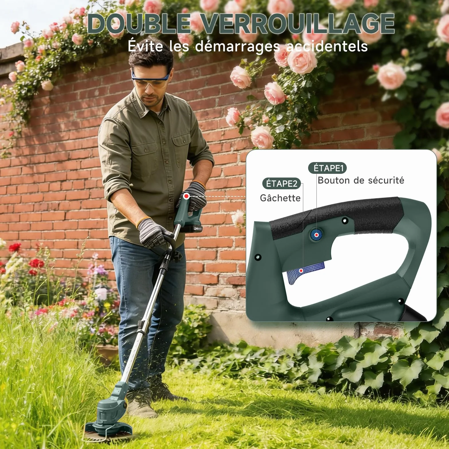 Debroussailleuse Electrique sans Fil 850W Rotofil 60cm Manche Telescopique 2x2000mAh 26 Lames Vert Lierre