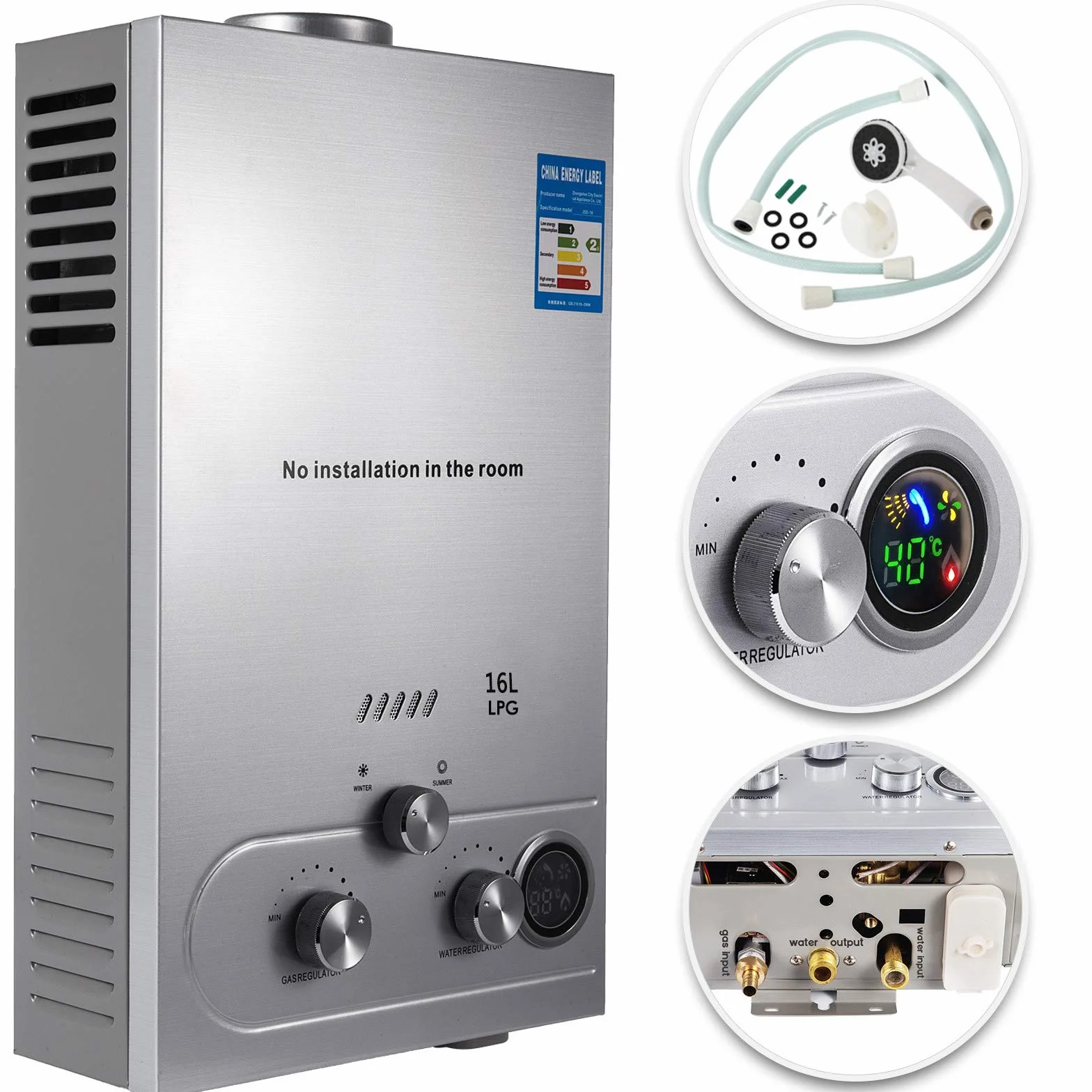 Chauffe-eau à Gaz 16LPM 32KW Inoxydable Pression Ultra Basse LPG Propane Butane Camping-car