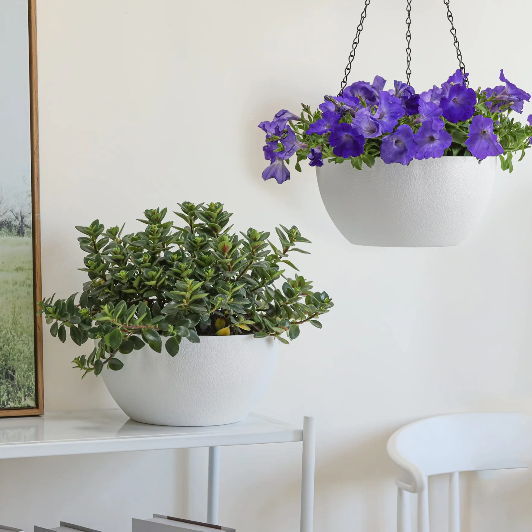 Pots Fleurs Suspendus 25 cm Lot de 2 Blancs avec Chaîne Amovible